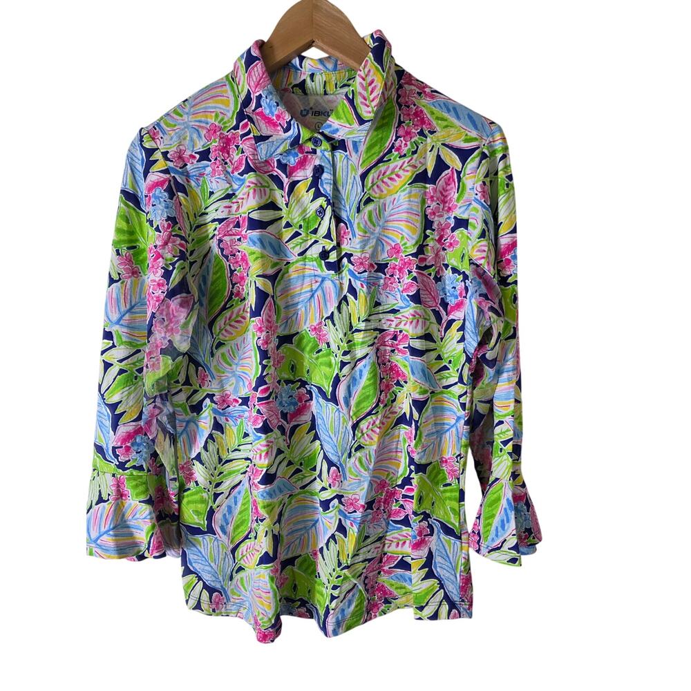 IBKUL Colorful Green Pink Tropical Floral Active Golf Long Sleeve Top SZ L
